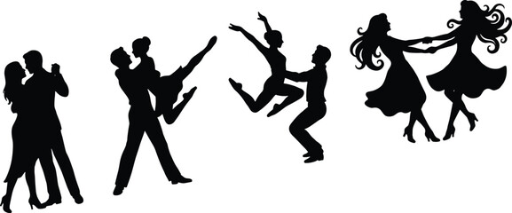 Silhouetted dancers performing ballet and contemporary dance moves in black ballet dancer des © ROHIMA
