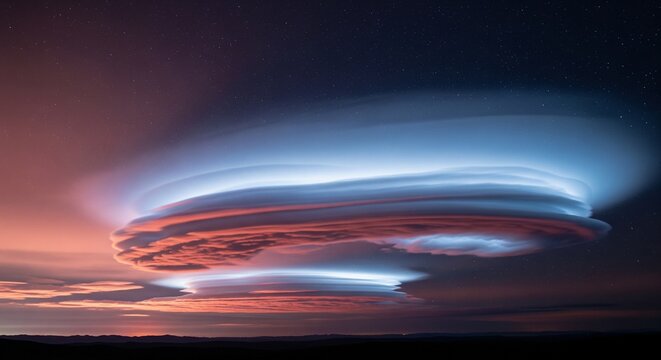Massive storm cloud shelf glowing with blue and orange light