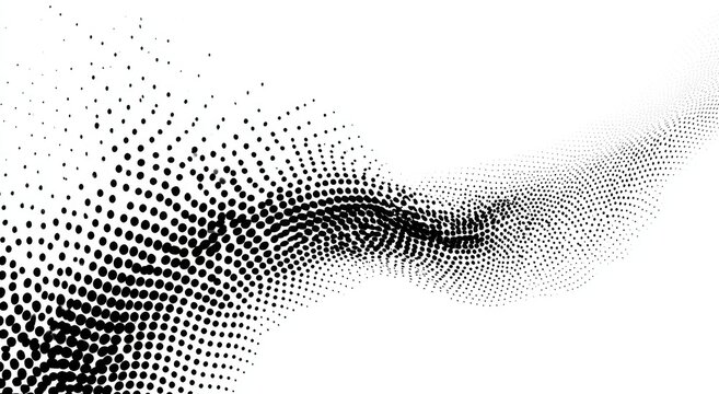 Black dots morphing into a flowing, wispy abstract wave on white