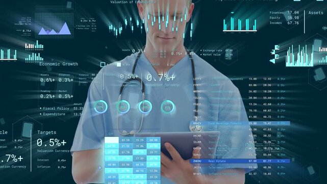 Male clinician tapping tablet and animating floating charts around him, updating clinical analytics