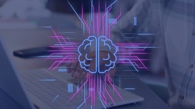 Laptop operator moving hand on trackpad, AI overlay responding to hand, brain icon and code pulsing