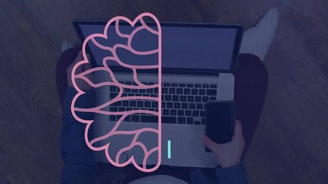 Woman sitting floor moving phone to laptop starting splitbrain filling with AI traces for tech work