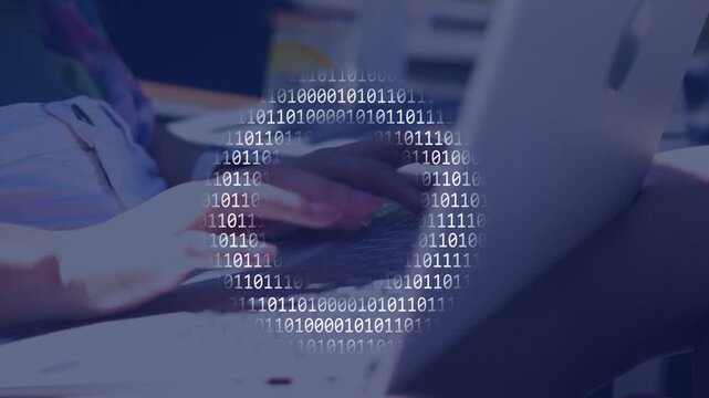 Woman typing on laptop at desk, activating animated binary ring over keyboard for technology demo