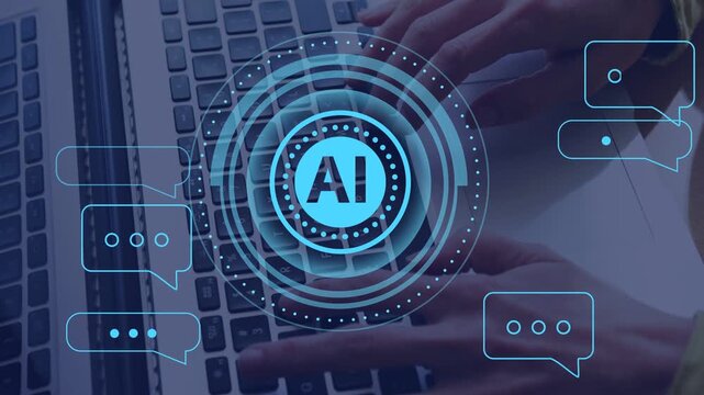 Woman typing on keyboard, causing pulsing AI emblem while chat bubbles multiplying for tech help