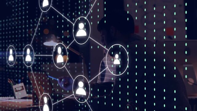 Man tapping tablet and woman leaning over, expanding network nodes and dot matrix showing tech team