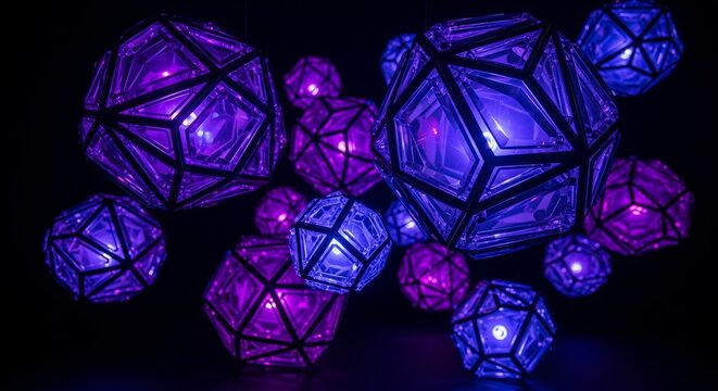 Glowing purple and blue geometric sphere lamps in the dark