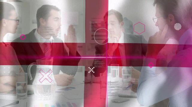 Business team reviewing charts at table magenta grid sliding hiding revealing people driving notes
