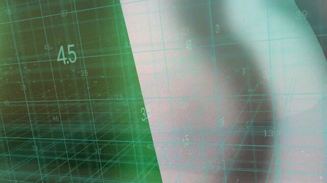 Scan starting teal 3D wireframe grid sliding pale limb moving left and growing showing measurements