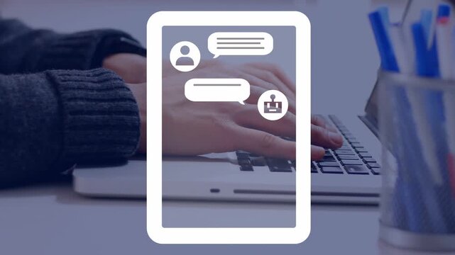 Adult male typing on laptop and causing animated smartphone chat elements stacking for tech demo