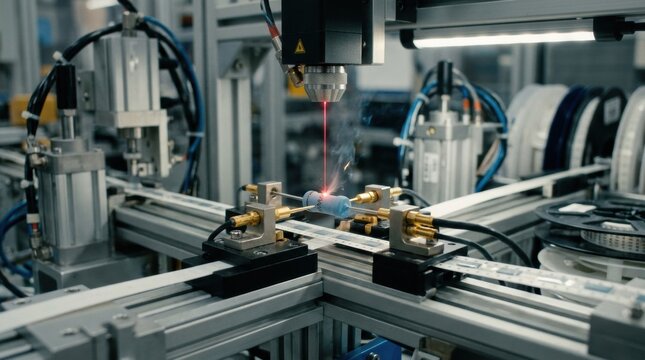 Medium shot of a coated metal film resistor undergoing laser cutting at an inline station showcasing advanced automated resistance calibration in a modern electronics manufacturing