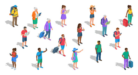 Fototapeta premium Isometric people tourists traveling with luggage and maps | Diverse group of cartoon passengers walking with suitcases and backpacks vector illustration