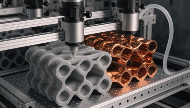 Medium shot focusing on the hybrid 3D printing process creating waveguides combining metal and dielectric elements for advanced RF testing.