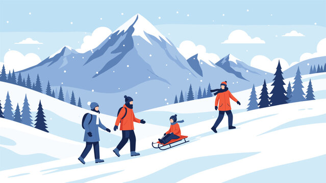 Happy family with a child on a sled walking through a snowy mountain landscape surrounded by pine trees during winter.