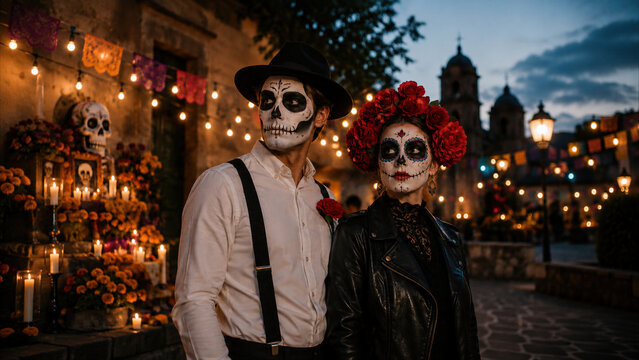 Day of the Dead Couple in Traditional Makeup and Costumes Celebrating Halloween