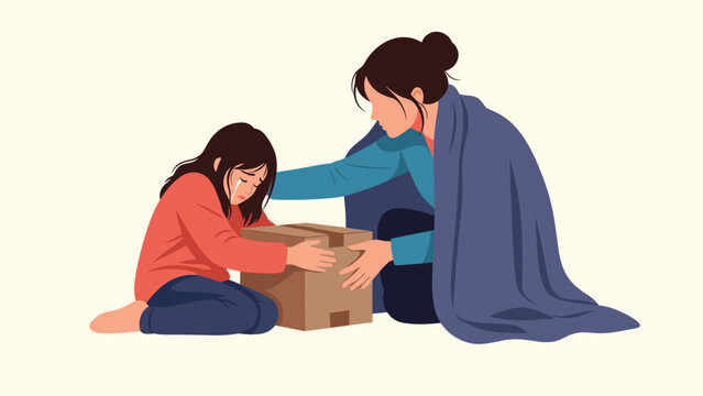 Compassionate woman provides comfort and support to a crying child who is sitting on the floor with a cardboard box.