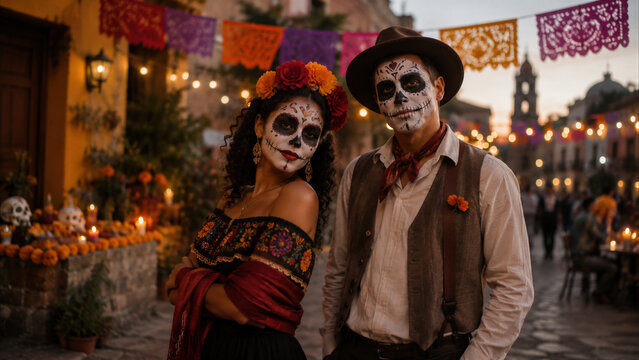 Elegant couple dressed as Catrin and Catrina in a Day of the Dead street festival in Mexico