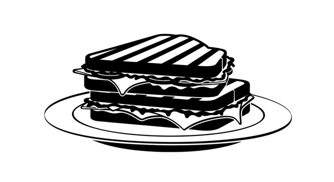 Black and white vector illustration of a toasted sandwich on a plate.