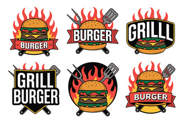 Naklejka premium grill burger badge collection with blazing flame elements and bold typography, strong restaurant branding identity for fast food menus signage and promotional design projects.