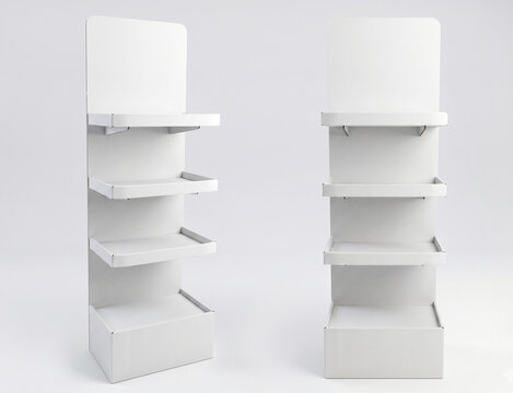 Blank white cardboard POSM display rack mockup on clean background.