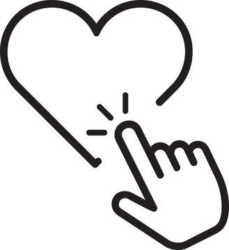 Hand cursor clicking on heart symbol thin line vector icon representing social media like button engagement