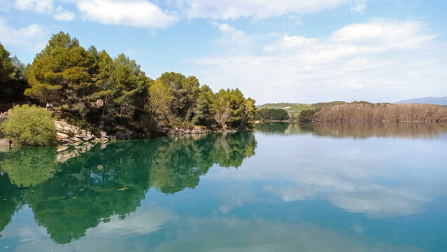 Symmetrical reflection of pine forest in Regajo reservoir Spain