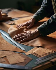 Fototapeta premium Closeup of an artisans hands skillfully stretching smooth sheepskin leather on a cutting mat surrounded by pattern pieces and metal rulers in a moody naturallit atelier.