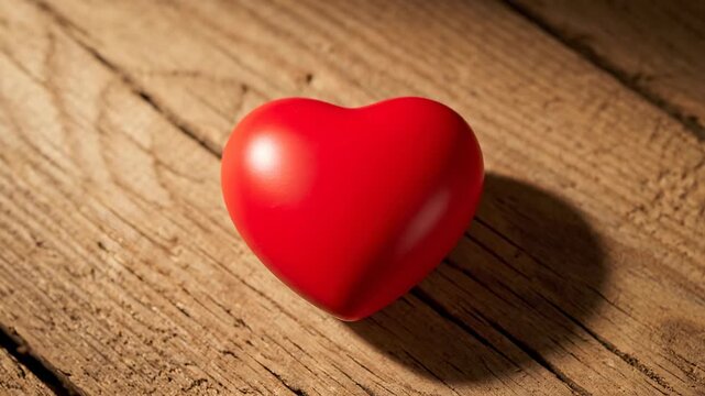 A vibrant red heart rests serenely upon a warm, rustic wooden surface