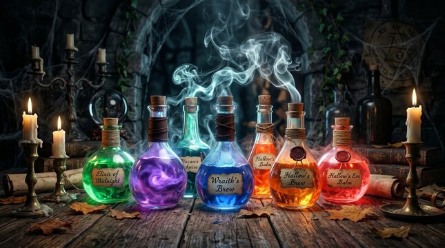 Halloween background mystical potions and candles spooky scene for october 31st