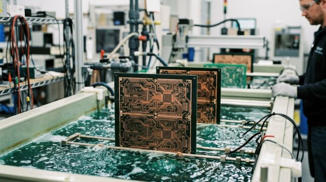 Medium shot of highaspect vias undergoing precise copper electroplating on intricate circuit boards highlighting detailed panel pattern plating techniques.