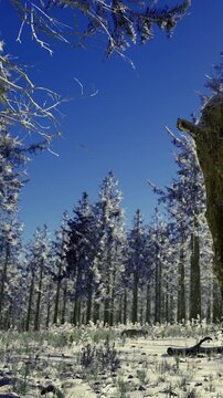 The scene shows a forest filled with tall trees covered in snow. The ground is white with snow, and the sky is bright blue. The sunlight shines through the branches.