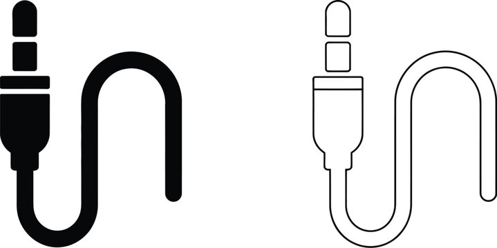 Audio jack cable icons, black and white plug connectors representing sound equipment music devices and audio technology concepts.