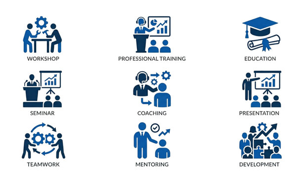 Premium workshop solid icon set with professional training education seminar and team development editable vector elements isolated on white background