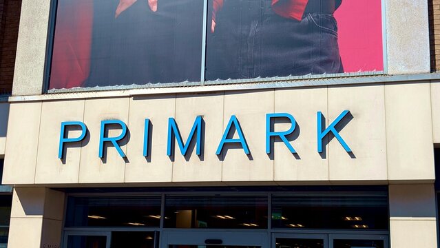 Leicester, England, UK - 23 April 2026: Primark storefront sign close up, irish fast fashion retailer logo, high street clothing shop facade, consumer retail business market editorial