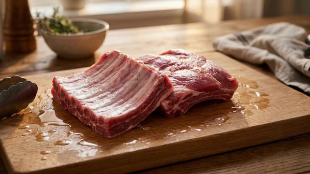 Fresh raw pork ribs resting on a wooden cutting board with kitchen tongs, preparing premium meat for barbecue in a bright, rustic kitchen with cinematic lighting.
