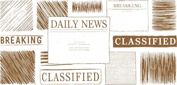 Hand drawn newspaper clippings with breaking news and classified ads in brown and white print