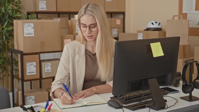 Woman writing in notebook with hand to temple beside stacked parcels and computer in a shipping building; tired small business.