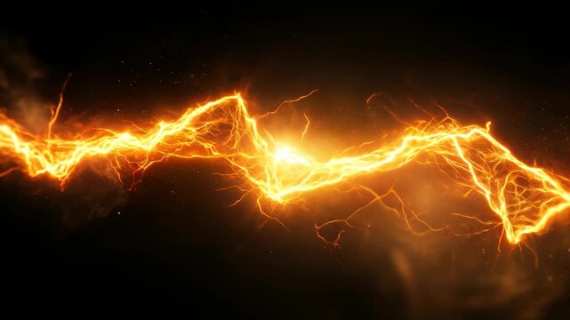 High voltage glowing electricity arc discharge flashing across the screen with bright golden yellow lightning strikes and smoke sparks against a black background.
