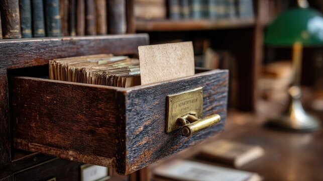 Vintage wooden drawer filled with old cards and books
