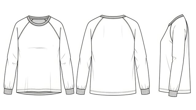 A white long-sleeve shirt with raglan sleeves shown from front, back, and side views mockup isolated on white background