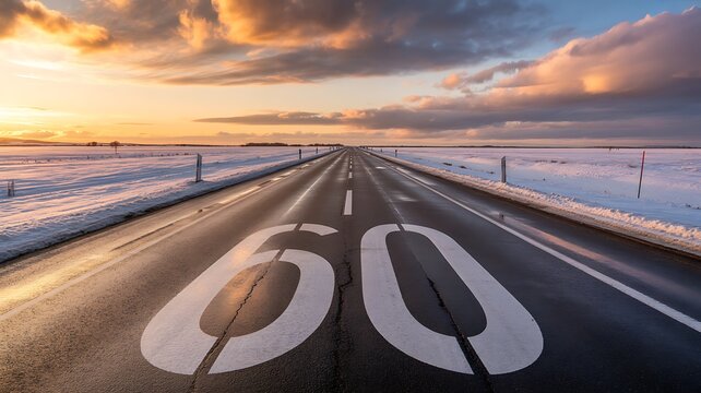 Highway road with speed limit marking during winter sunset landscape travel background