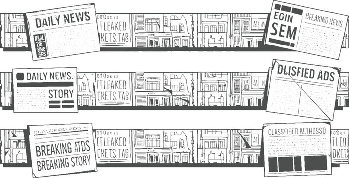 Black and white of newspapers with headlines like daily news breaking story classified ads and leaked tickets against a backdrop of sketched buildings