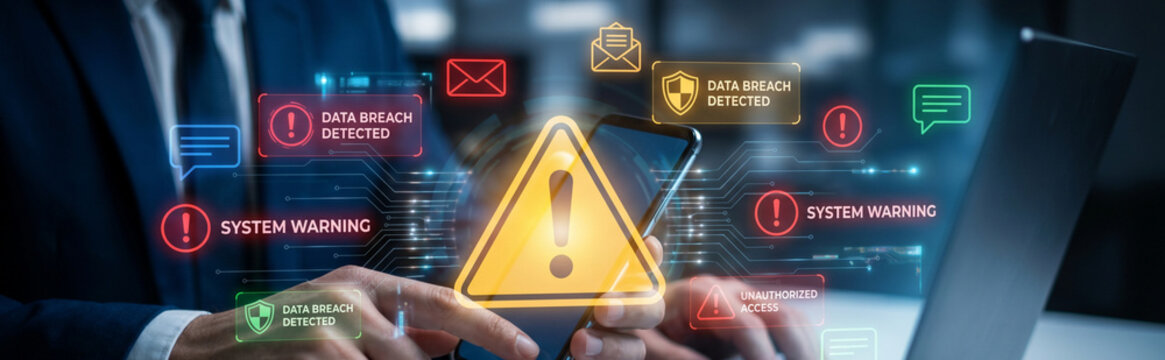 Cybersecurity alert concept with hands on keyboard and warning signs isolated on transparent background, symbolizing online safety and protection.