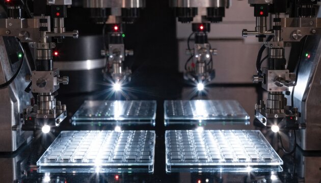 Closeup medium shot of overlay accuracy analysis on microchips with advanced critical dimension measurement tools in a semiconductor fab.