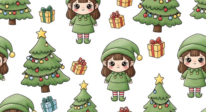Cute Christmas Elf Girl and Decorated Trees Pattern on White Background