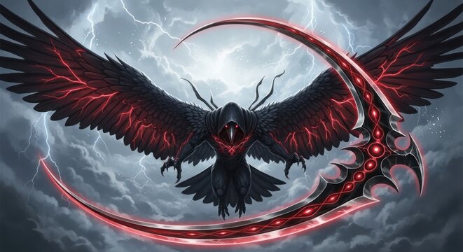 Ominous dark angel of death with powerful black wings and glowing red scythe against a dramatic stormy sky with lightning