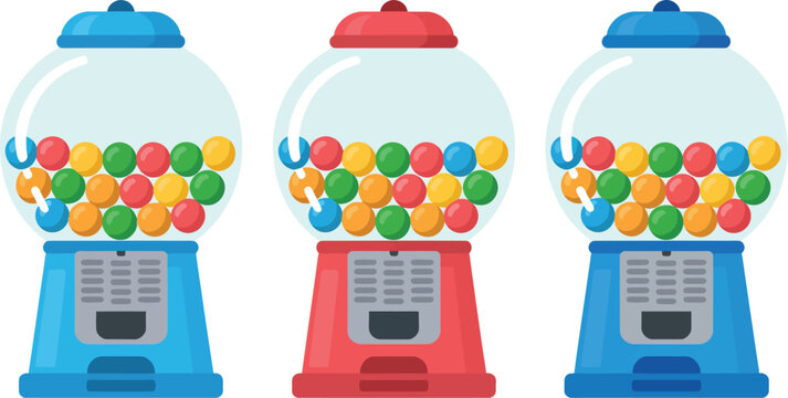 Gumball machine illustration set, generic colorful candy ball dispensers in full partial and empty variations for playful design.