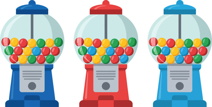 Gumball machine icons set, generic colorful candy ball dispensers in full partial and empty variations for fun retro design.