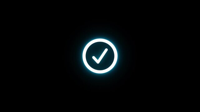 Abstract a beautiful glowing neon animated disclose of a neon blue check mark icon in a neon blue circle on black background.