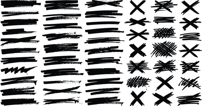 Sketchy correction strikes and grunge felt tip pen underline texture bundle vector, hand drawn marker brush stroke line pack.