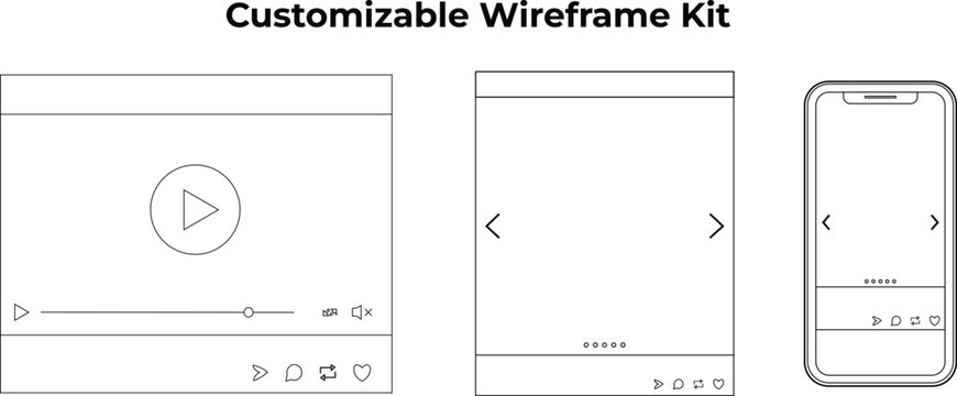Customizable wireframe kit for uiux design and prototyping, featuring video player, carousel, and mobile app layouts